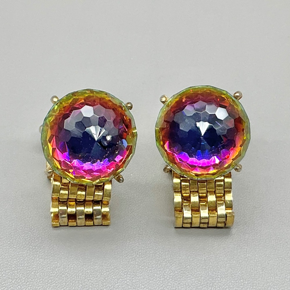 Dante Cufflinks Mens Gold Tone Aurora Borealis Crystal Mesh Wrap Vintage Jewelry